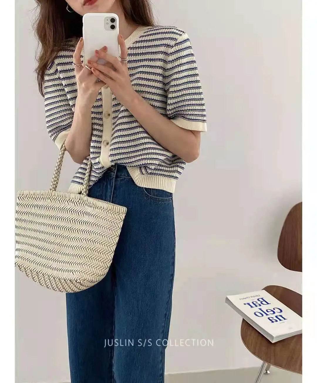 Cardigan Women Summer Breathable Elegant Striped Trendy New Single Breasted Short Sleeve Knitted Jumpers Female O-neck Tender BF - AIAZ