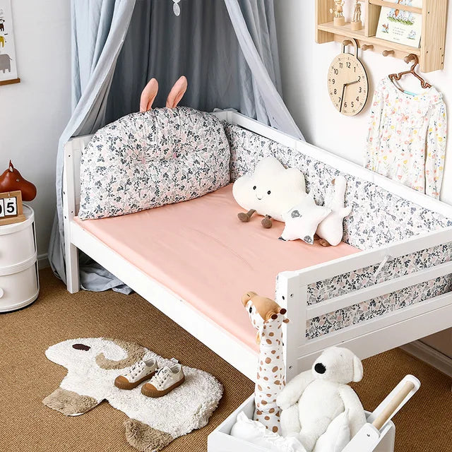4Pcs Baby Bedding Set Cotton Cartoon Bear Head Crib Bed Protector Bumper Newborns Sheet Child Bed Baby Washable Cot Bedding Set