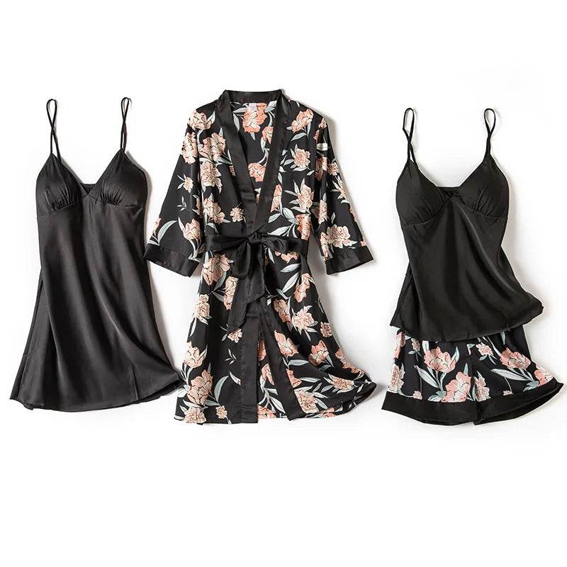 Pajamas for Women Pijama Mujer 4 Piece Set Sexy Ladies Pyjama Sleepwear Women Pajama Sets Sleep Lounge with Chest Pads Home Wear - AIAZ