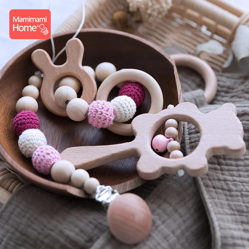1 Set Baby Wooden Teether Crochet Beads Pacifier Chain Clip Wood Elephant Teething Bracelet Music Rattle Montessori Baby Product