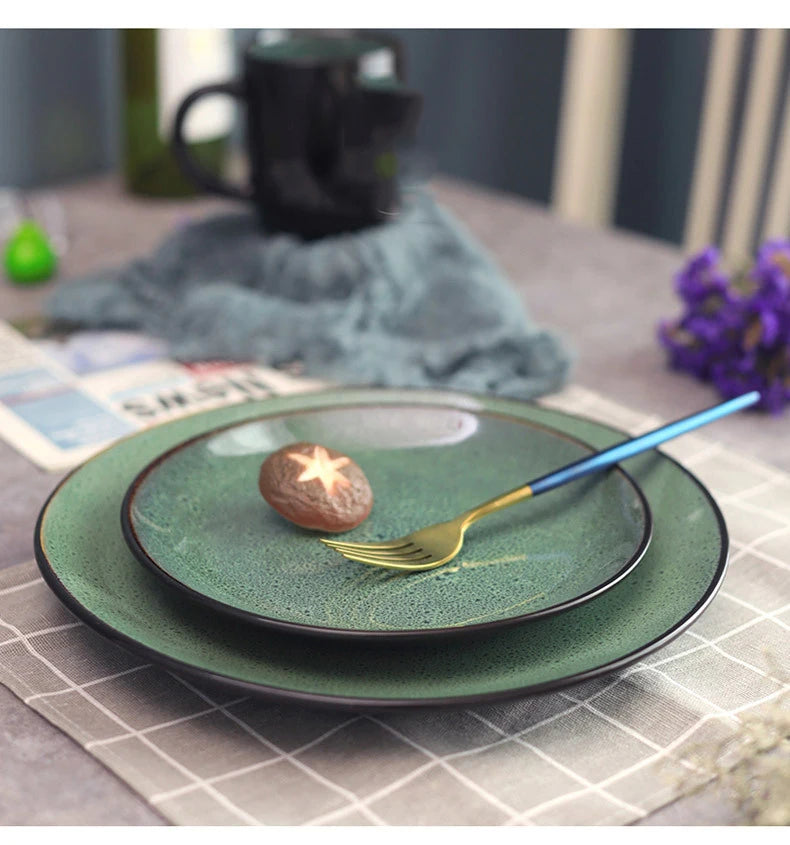 Malachite Green Ceramic Plates And Bowls Set Eco Friendly Porcelain Dinner Cutlery Set Kitchen Dish Plate Spoon Accessories