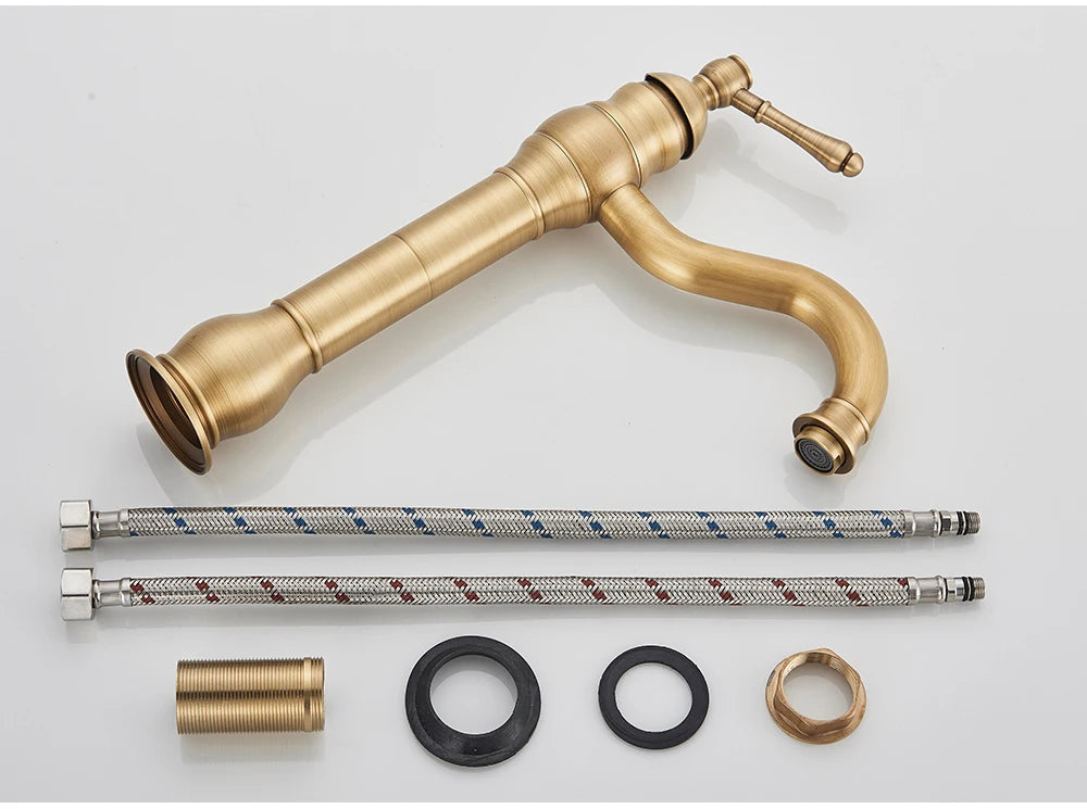 POIQIHY Antique Brass Basin Vessel Sink Faucet Deck Mounted One Hole Cold Hot Water Cold Hot Mixer Tap Bathroom Faucet  1 Hole