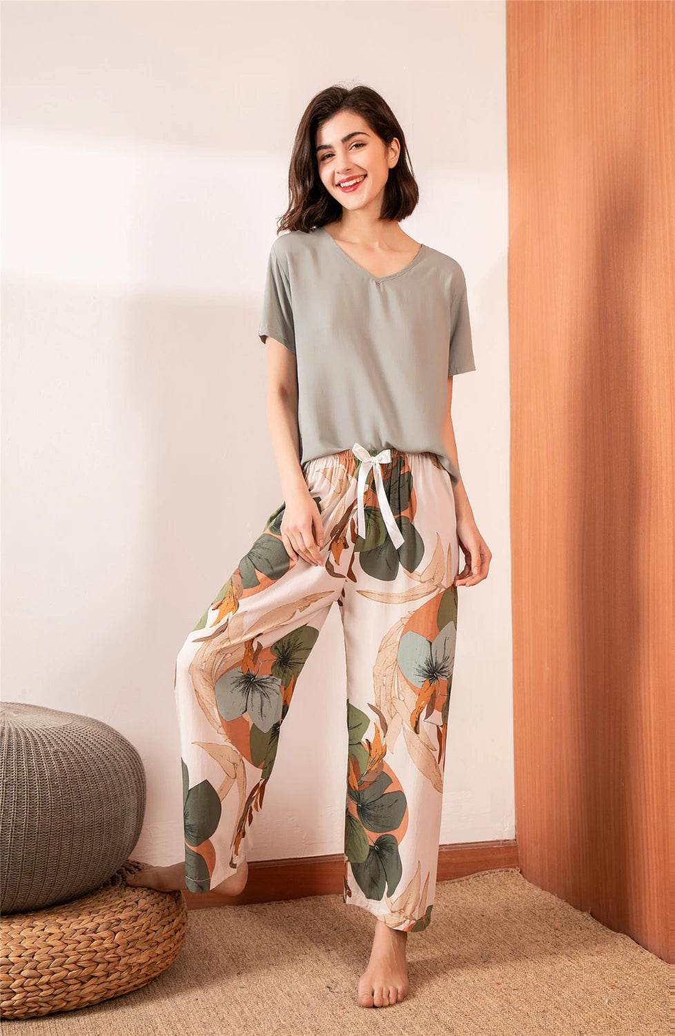 Breathable 2PCS Pajama Short Sleeve Printed Pijama Mujer Femme Loose Nightwear Suit Female Casual Homewear Pajama Set For Women - AIAZ