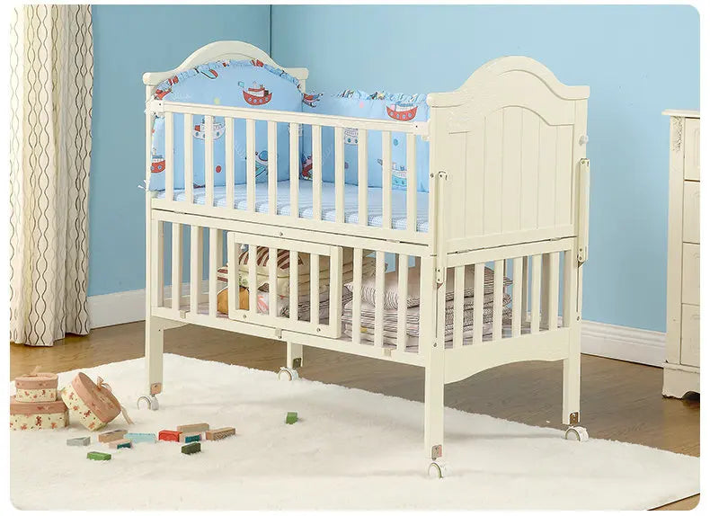 6 in 1 Convertible Crib and Changer, Multifunctional Pine Wood Baby Bed, 115*67*104CM, Newborn Cradle Cot