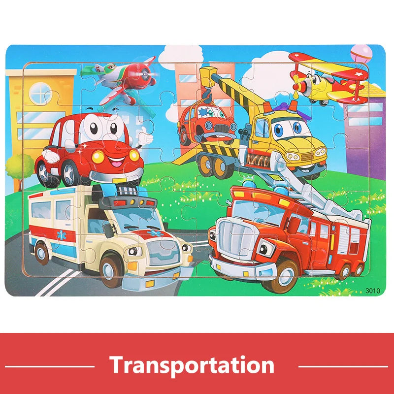 30Pieces Montessori Baby Toys Wooden 3d Puzzle Cartoon Animal Vehicle Cognition Wood Puzzle Learning Educational Toys for Kids