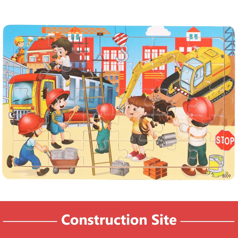 30Pieces Montessori Baby Toys Wooden 3d Puzzle Cartoon Animal Vehicle Cognition Wood Puzzle Learning Educational Toys for Kids