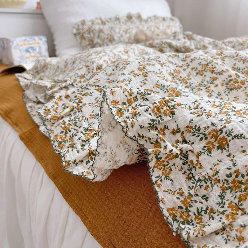 Korean Vintage Floral Printed Ruffled Cotton Baby Duvet Cover Kids Children Infant Cot Crib Duvet Covers Quilt Cover Bedding