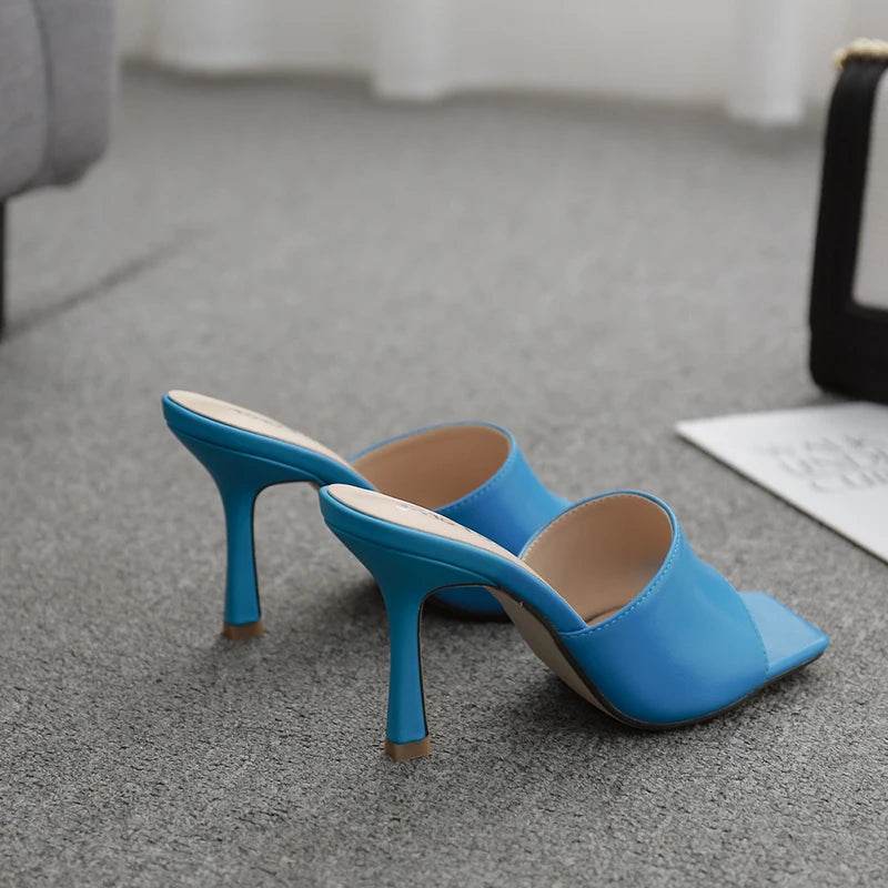2025 New Summer Women Sandals Square Toe Ladies Heel Mules Sexy Thin High Heels Sandals Slippers Female Fashion Woman Shoes - AIAZ
