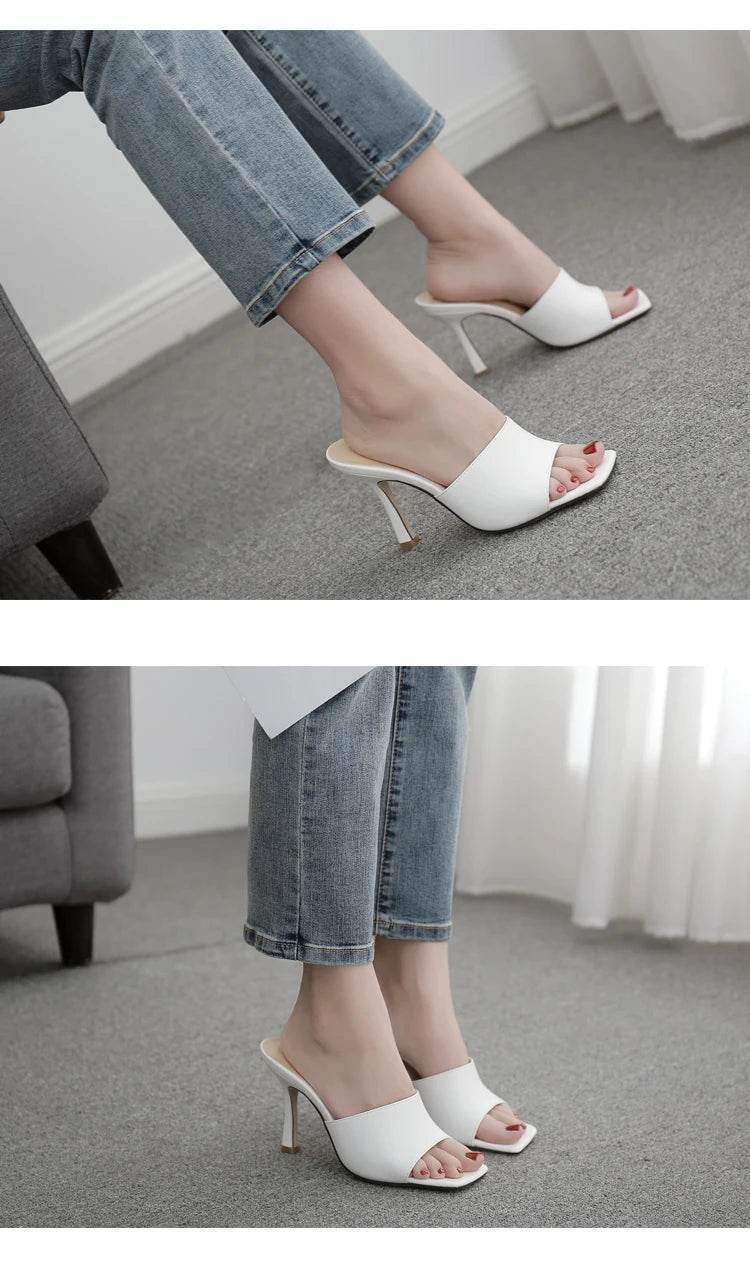 2025 New Summer Women Sandals Square Toe Ladies Heel Mules Sexy Thin High Heels Sandals Slippers Female Fashion Woman Shoes - AIAZ