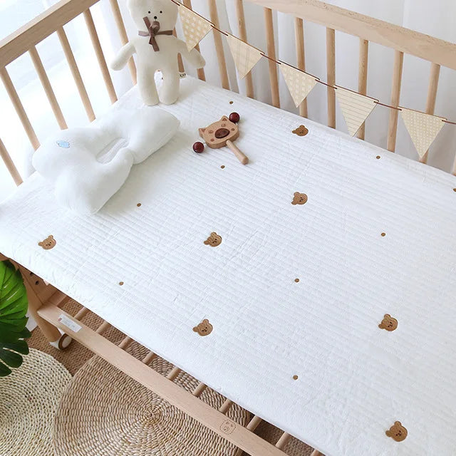 Korean Pure Cotton Quilted Baby Cot Crib Fitted Sheet Bear Cherry Loquat Embroidery Kids Infant Cradle Bed Sheets Mattress Cover