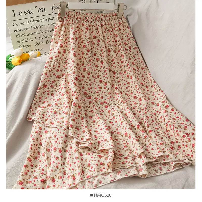 Skirts Women High Waist All-match Fashion Elegant Female Chiffon Flower Lovely Irregular Hem Ruffles Chic Streetwear Leisure - AIAZ