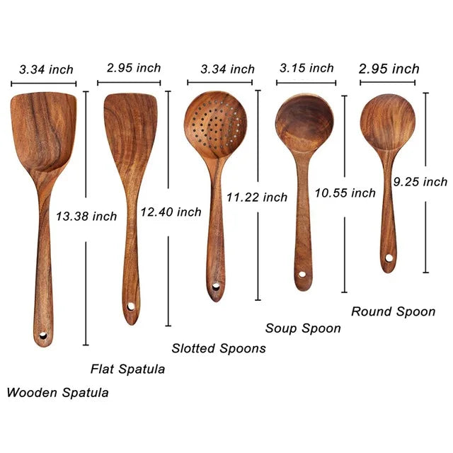 Thailand Teak Natural Wood Tableware Spoon Ladle Turner Long Rice Colander Soup Skimmer Cooking Spoons Scoop Kitchen Tool Set