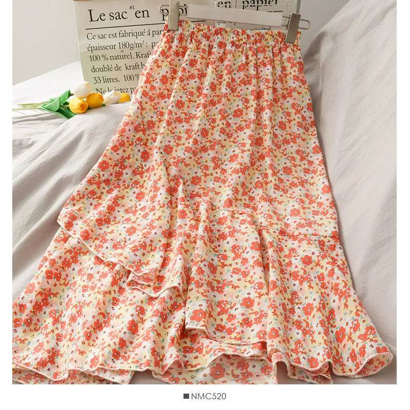 Skirts Women High Waist All-match Fashion Elegant Female Chiffon Flower Lovely Irregular Hem Ruffles Chic Streetwear Leisure - AIAZ