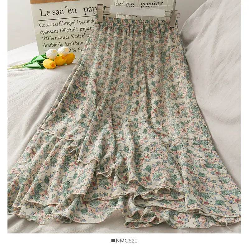 Skirts Women High Waist All-match Fashion Elegant Female Chiffon Flower Lovely Irregular Hem Ruffles Chic Streetwear Leisure - AIAZ