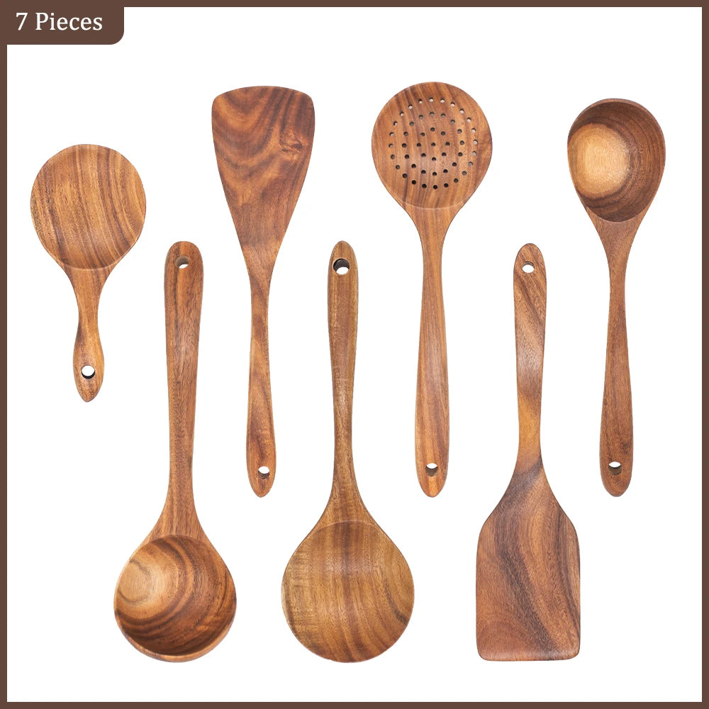 Thailand Teak Natural Wood Tableware Spoon Ladle Turner Long Rice Colander Soup Skimmer Cooking Spoons Scoop Kitchen Tool Set