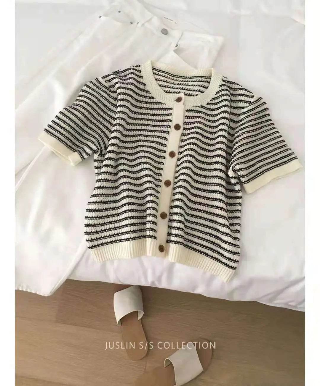 Cardigan Women Summer Breathable Elegant Striped Trendy New Single Breasted Short Sleeve Knitted Jumpers Female O-neck Tender BF - AIAZ