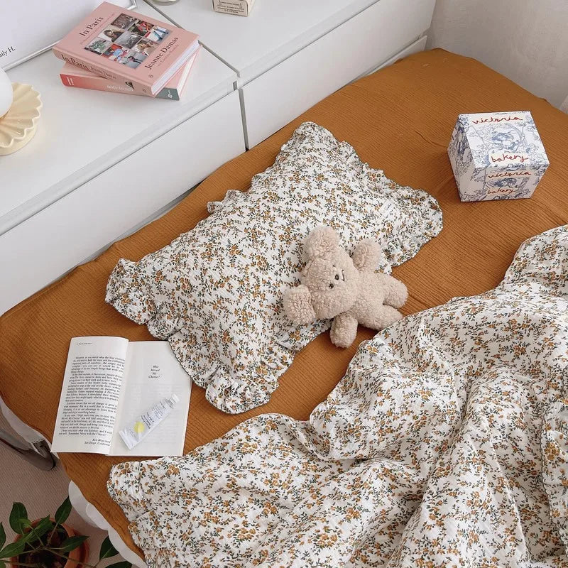Korean Vintage Floral Printed Ruffled Cotton Baby Duvet Cover Kids Children Infant Cot Crib Duvet Covers Quilt Cover Bedding