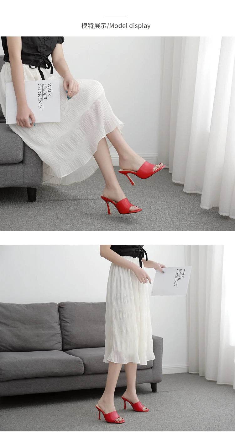 2025 New Summer Women Sandals Square Toe Ladies Heel Mules Sexy Thin High Heels Sandals Slippers Female Fashion Woman Shoes - AIAZ
