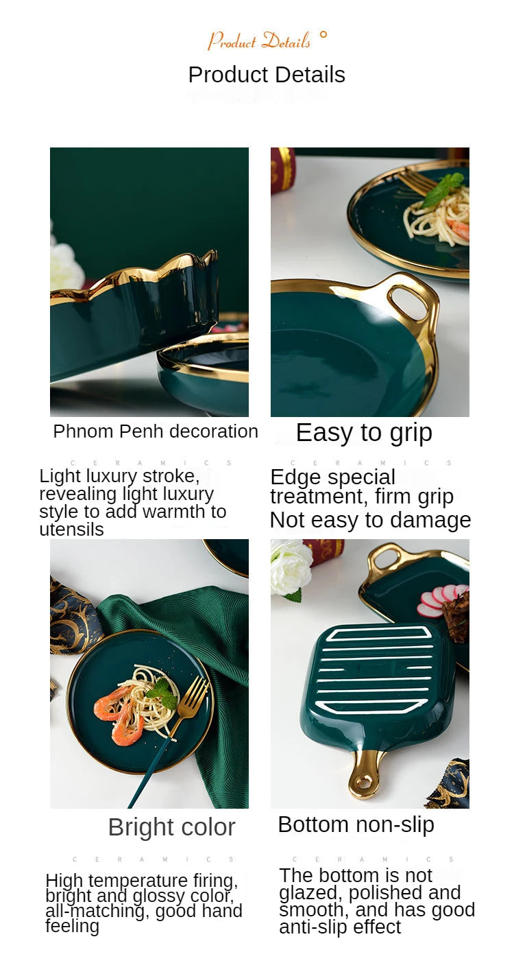 18 pcs Ceramic Tableware Set Nordic Green Phnom Penh Salad Plate Soup Rice Bowl Set Household Kitchen Supplies Dinnerware