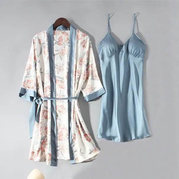 Pajamas Set Women Sleepwear Casual Satin Robe Suit Nightwear Lounge Wear V-neck Soft Pyjamas Kimono Bathrobe Gown Lingerie - AIAZ
