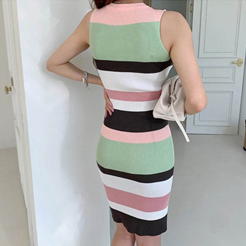 H Han Queen Elegant Occupation Sleeveless Knitted Dress Women Autumn Stretch Striped Bodycon Dresses Wear To Work Pencil Vestido - AIAZ