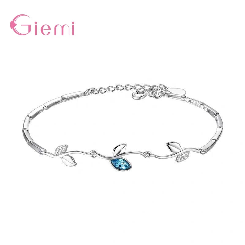 Charm 925 Sterling Silver Leaf Design Blue Crystal Zircon Bangle&Bracelet For Women Girls Wedding Party Fashion Jewelry Gifts