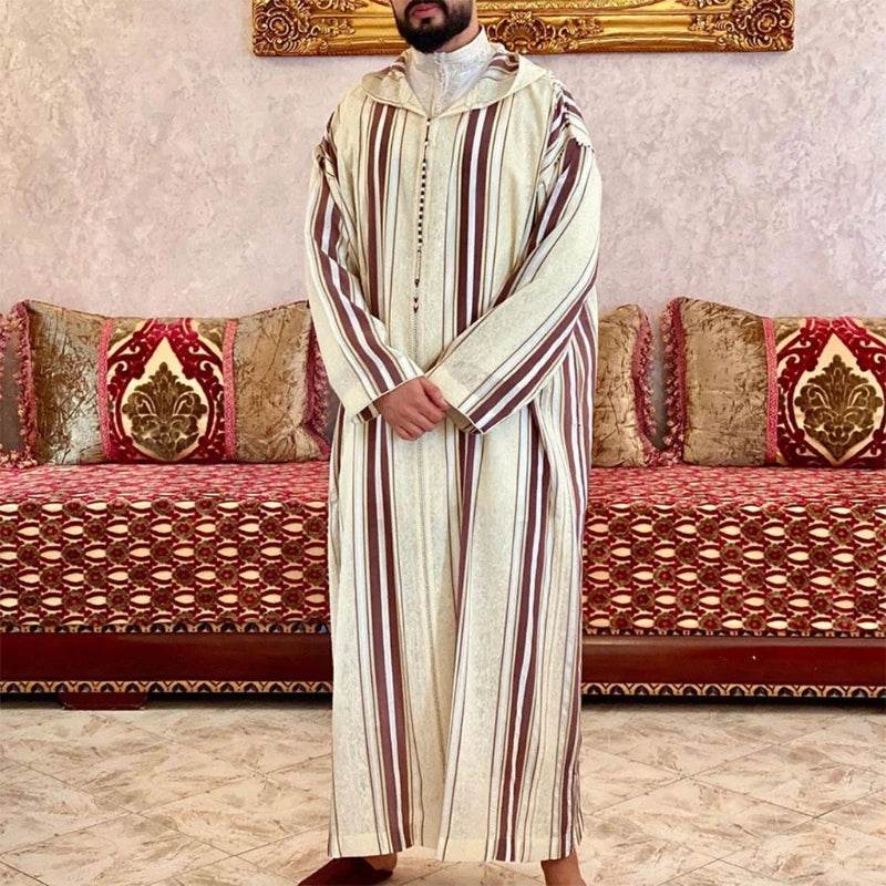 New Fashion Dubai Casual Kaftan Robe Stripes Muslim Dresses Abaya Shirt for Mens - AIAZ