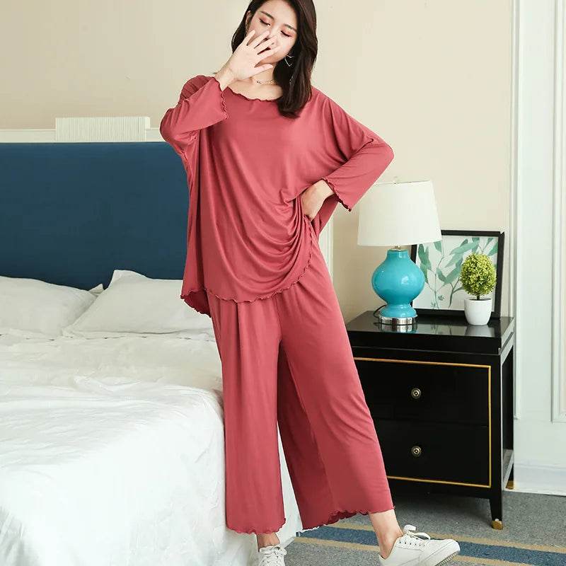 PLUS size home suits women autumn new loose long-sleeved pajamas two-piece set nine-point wide leg pants pijama sleepwear femme - AIAZ