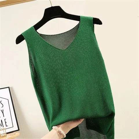 Blusas Mujer De Moda 2024 Blouse Women Summer Sleeveless Knitted Blouse Shirt Women Clothes V-neck Blouse Women Tops Shirts C855 - AIAZ