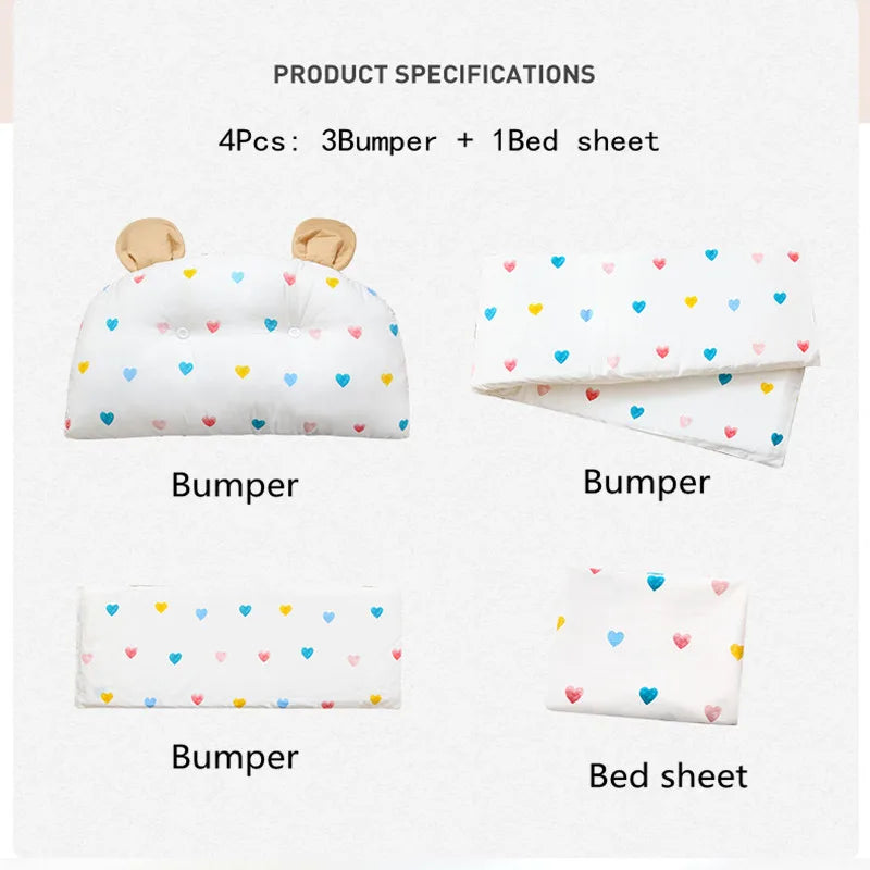 4Pcs Baby Bedding Set Cotton Cartoon Bear Head Crib Bed Protector Bumper Newborns Sheet Child Bed Baby Washable Cot Bedding Set