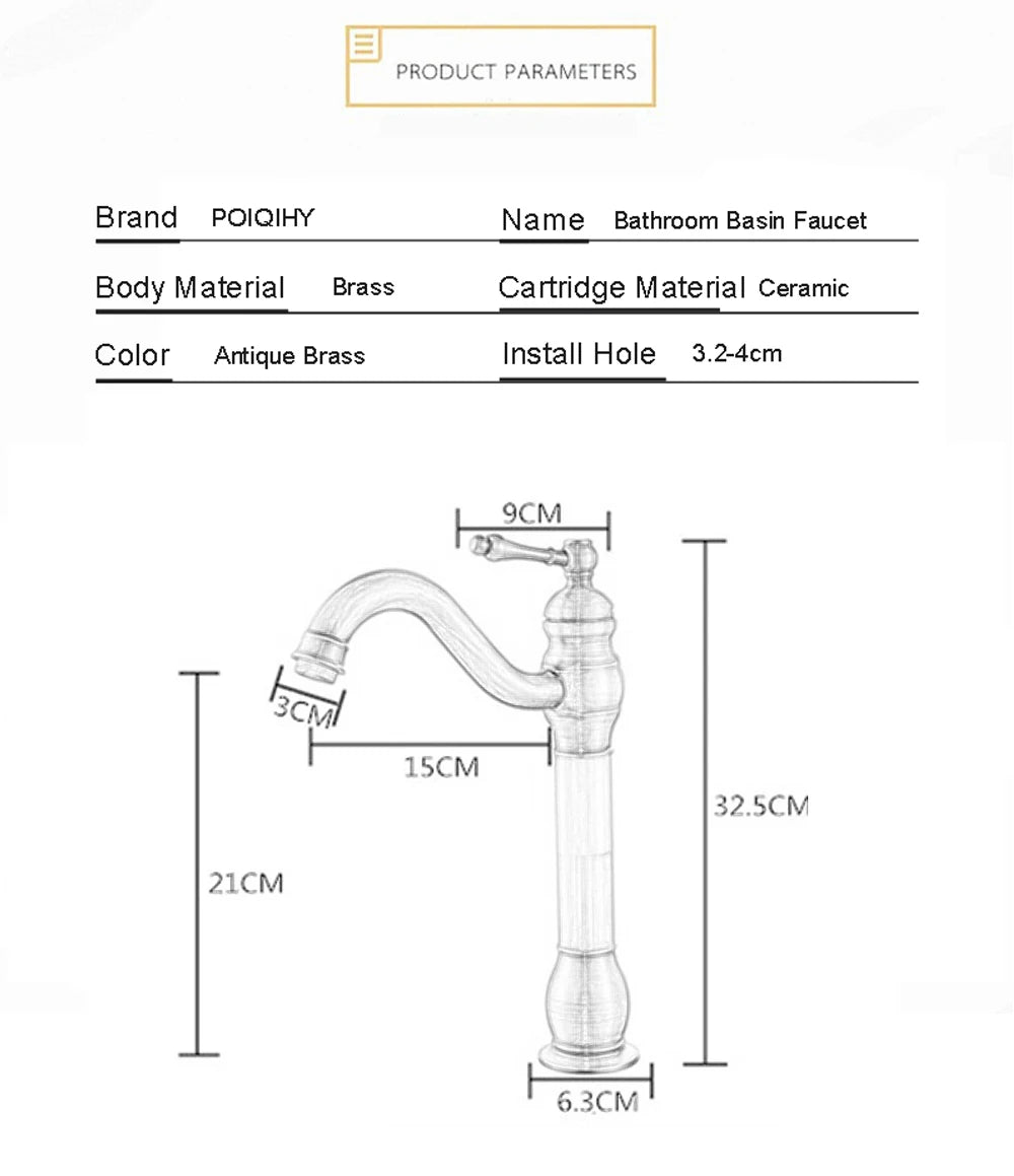 POIQIHY Antique Brass Basin Vessel Sink Faucet Deck Mounted One Hole Cold Hot Water Cold Hot Mixer Tap Bathroom Faucet  1 Hole