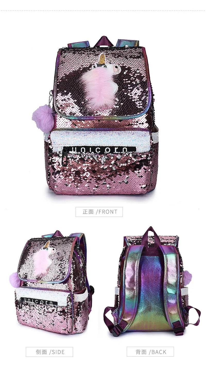 3pcs/set Sequins Unicorn Backpack Fashion Girl Glitter School Book Bag Girls Cute Hologram Laser PU Leather Travel Backpacks - AIAZ