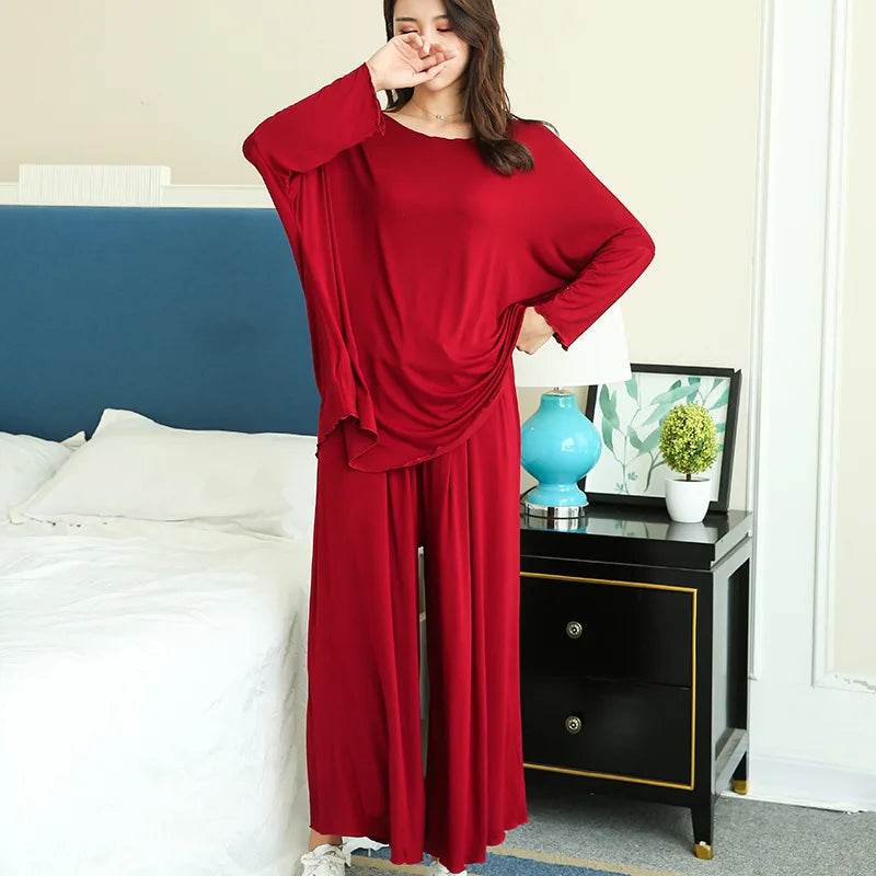 PLUS size home suits women autumn new loose long-sleeved pajamas two-piece set nine-point wide leg pants pijama sleepwear femme - AIAZ