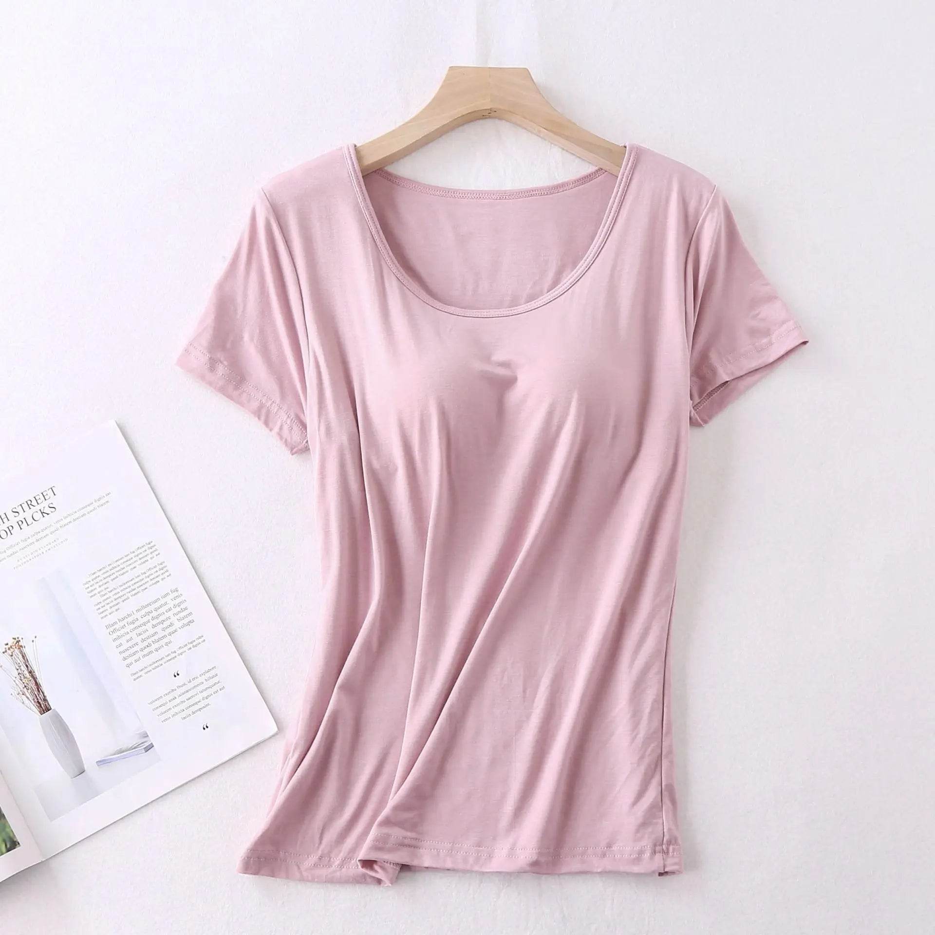 Modal cotton pyjama femme new pijamas women chest pad short sleeve pajamas set large size bra-cup loose shorts sleepwear set - AIAZ