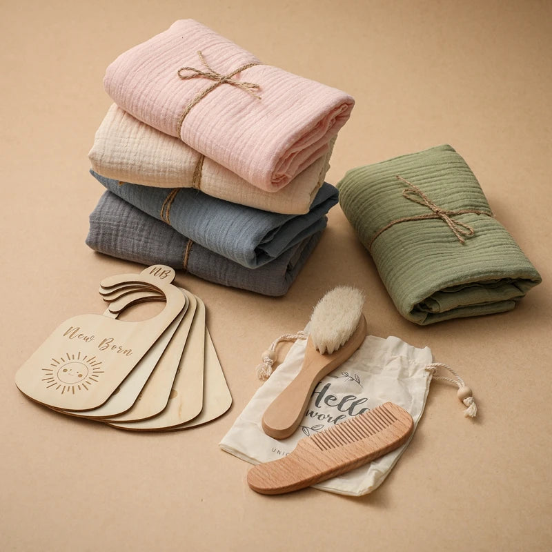 Baby Bathing Mouth Water Towel Pacifier Set Baby Full Moon Milestone Cards Wood Ring Rattle Bath Towel Wool Brush Birthday Gifts