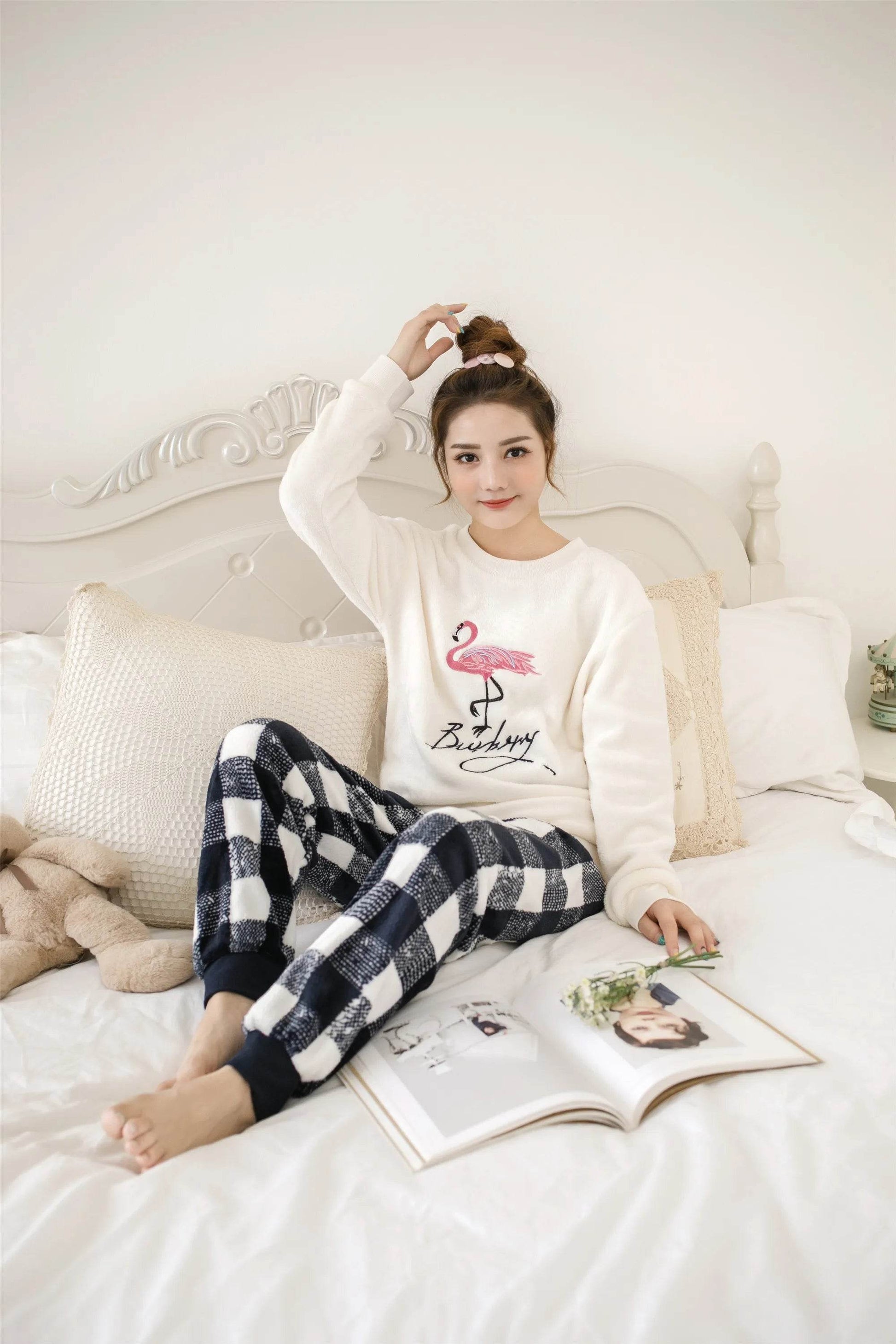 Women Pajamas Autumn Winter Flannel Warm Woman Sleepwear Korean cute Cartoon Pajama Set Fashion Pijama Mujer Home Cloth Pyjamas - AIAZ