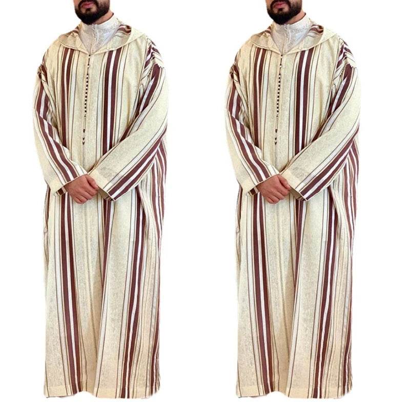 New Fashion Dubai Casual Kaftan Robe Stripes Muslim Dresses Abaya Shirt for Mens - AIAZ