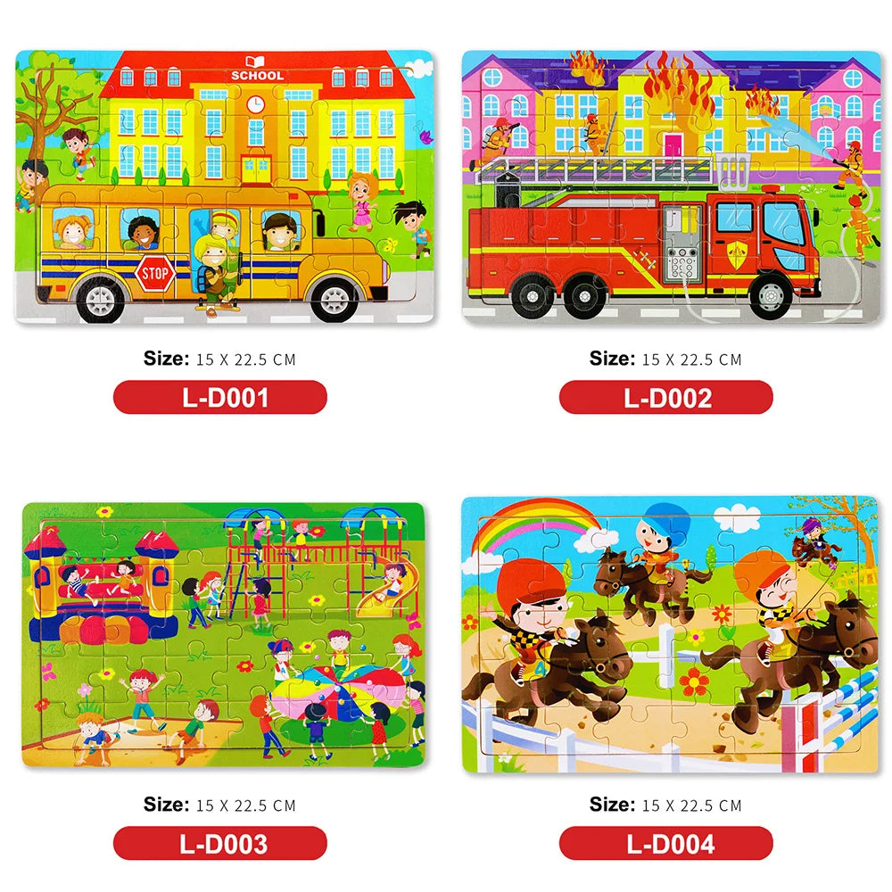 30Pieces Montessori Baby Toys Wooden 3d Puzzle Cartoon Animal Vehicle Cognition Wood Puzzle Learning Educational Toys for Kids