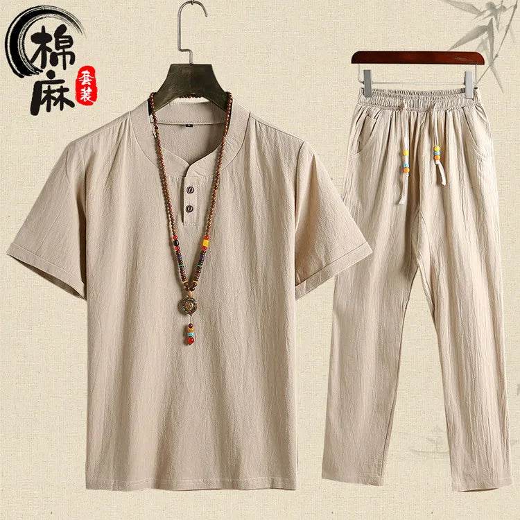 (Shirt + trousers) summer fashion men shirt Man Cotton and linen shirts Short sleeve men's casual shirts men full size M-5XL - AIAZ