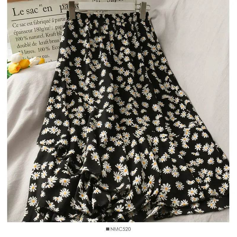Skirts Women High Waist All-match Fashion Elegant Female Chiffon Flower Lovely Irregular Hem Ruffles Chic Streetwear Leisure - AIAZ