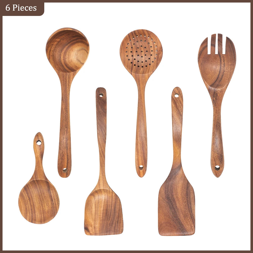 Thailand Teak Natural Wood Tableware Spoon Ladle Turner Long Rice Colander Soup Skimmer Cooking Spoons Scoop Kitchen Tool Set