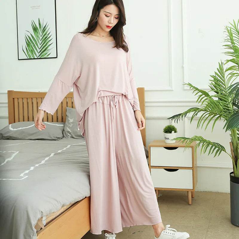 PLUS size home suits women autumn new loose long-sleeved pajamas two-piece set nine-point wide leg pants pijama sleepwear femme - AIAZ