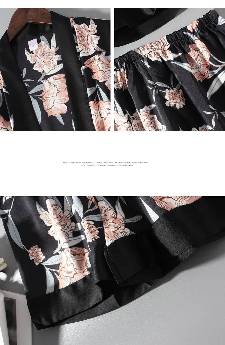 Pajamas Set Women Sleepwear Casual Satin Robe Suit Nightwear Lounge Wear V-neck Soft Pyjamas Kimono Bathrobe Gown Lingerie - AIAZ