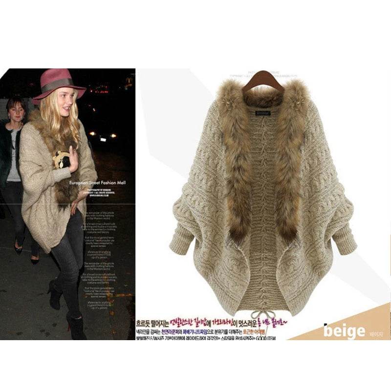 Women Cardigan Sweater Thick Poncho Capes Autumn Winter Femme knitted Bat Sleeve Fur Collar Wool Sweater Knitted Long Cardigan - AIAZ