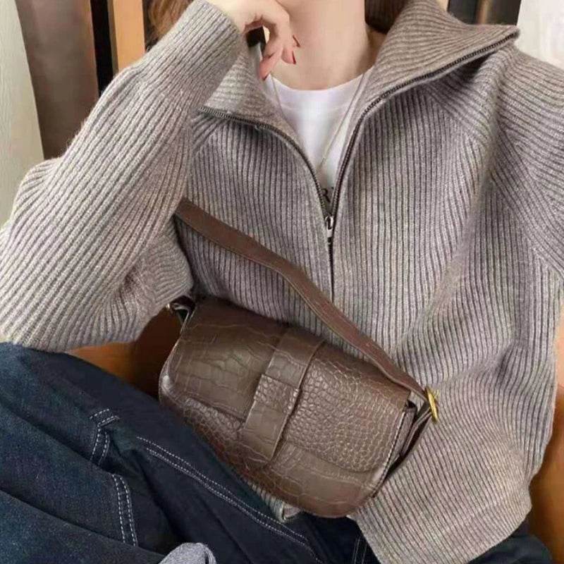 Sweater Cardigan Women Spring New Solid Vintage All-match Elegant Zipper Loose Daily Soft Sweet Simple Casual Knitwear Chic Teen - AIAZ