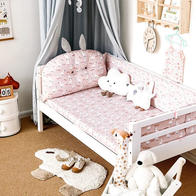 4Pcs Baby Bedding Set Cotton Cartoon Bear Head Crib Bed Protector Bumper Newborns Sheet Child Bed Baby Washable Cot Bedding Set