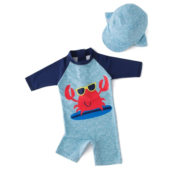 Baby Boy Swimsuit/Kids Conjoined Swimwear with Swimming Cap/Crab Pattern Beach Sunscreen Surfing Swimsuit 3207