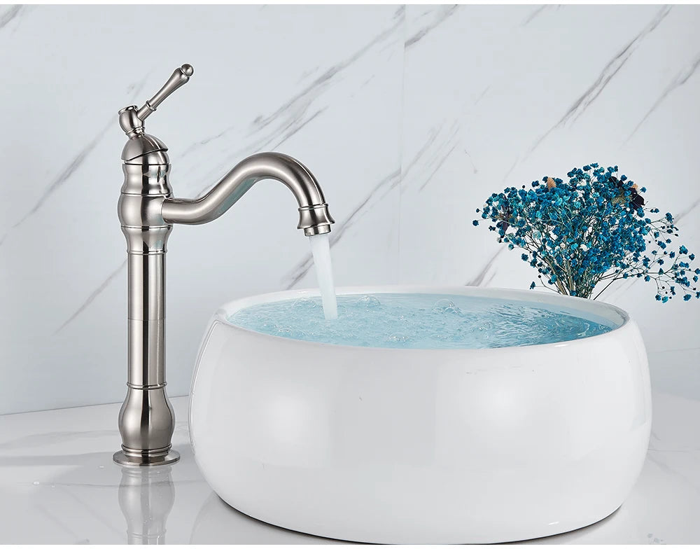 POIQIHY Antique Brass Basin Vessel Sink Faucet Deck Mounted One Hole Cold Hot Water Cold Hot Mixer Tap Bathroom Faucet  1 Hole