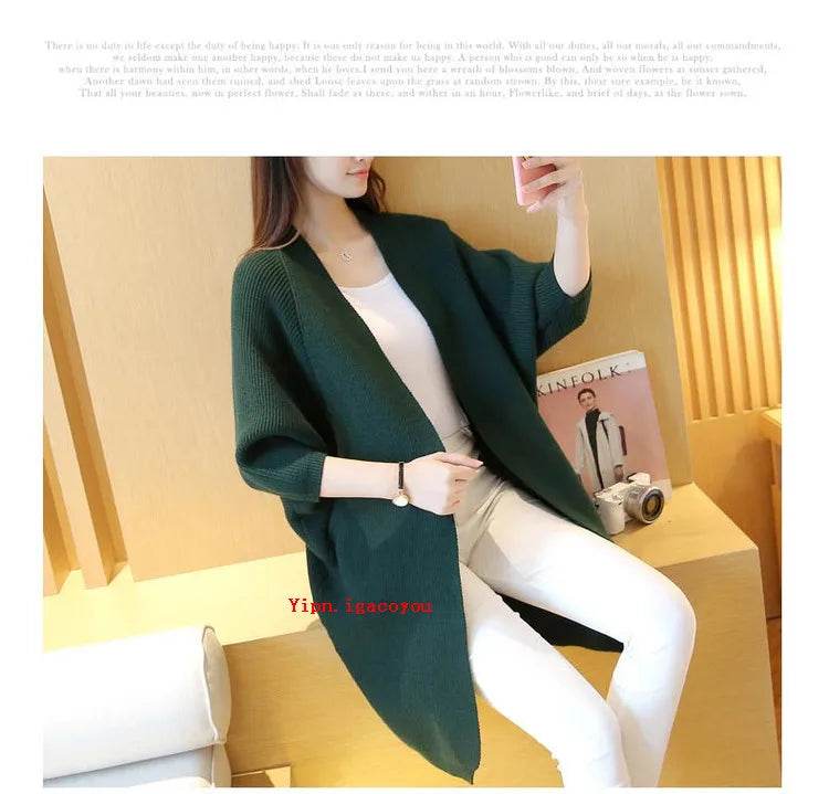 2023 Long Cardigan Women Sweater Autumn Winter Bat Sleeve Knitted Sweater Femme Jacket Loose Ladies Sweaters Cardigans New - AIAZ