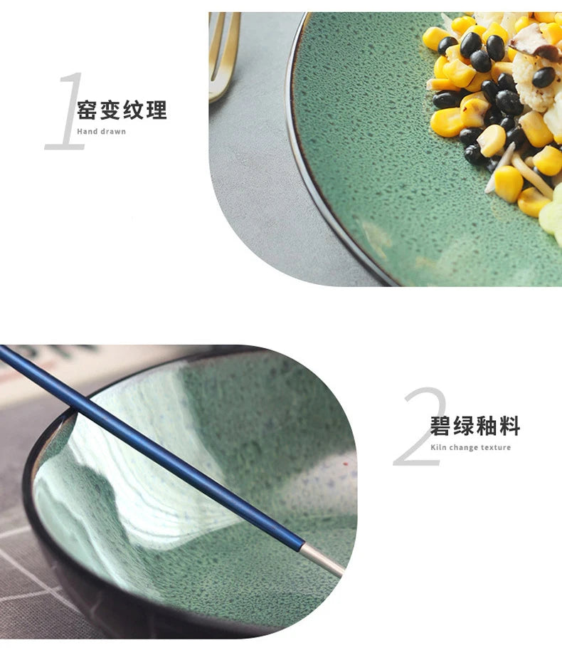 Malachite Green Ceramic Plates And Bowls Set Eco Friendly Porcelain Dinner Cutlery Set Kitchen Dish Plate Spoon Accessories